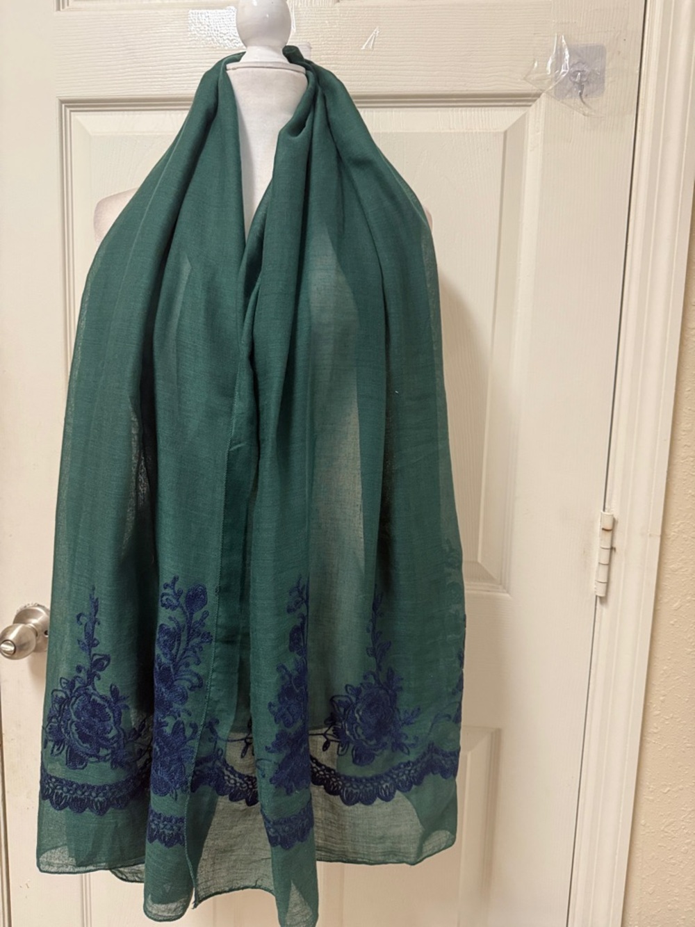 Brand New Deep Green cotton summer Scarf with Navy Floral Embroidery